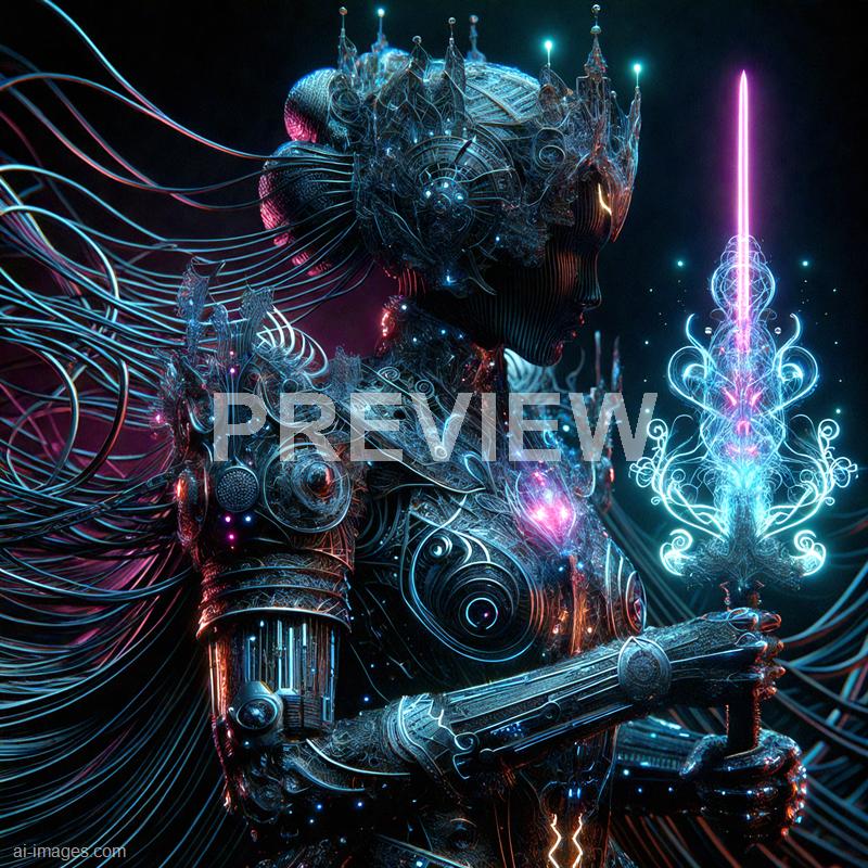 The image depicts a highly detailed, futuristic, and cybernetic female figure holding a glowing, ornate sword. Her body is composed of intricate metallic and neon elements, with wires and circuits integrated into her form. She wears an elaborate crown-like headpiece and armor, all rendered with luminous blue, pink, and purple accents against a dark background, giving her an otherworldly, almost divine appearance. The glowing sword she holds radiates energy and adds to the sci-fi fantasy aesthetic of the scene.